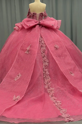 Ball Gown Off Shoulder Sleeveless Beaded Sequins 3D Flower Appliques Bow Knot Glitter Pink Tulle Quinceanera Dress Formal Evening Party Gown For Sweet 16